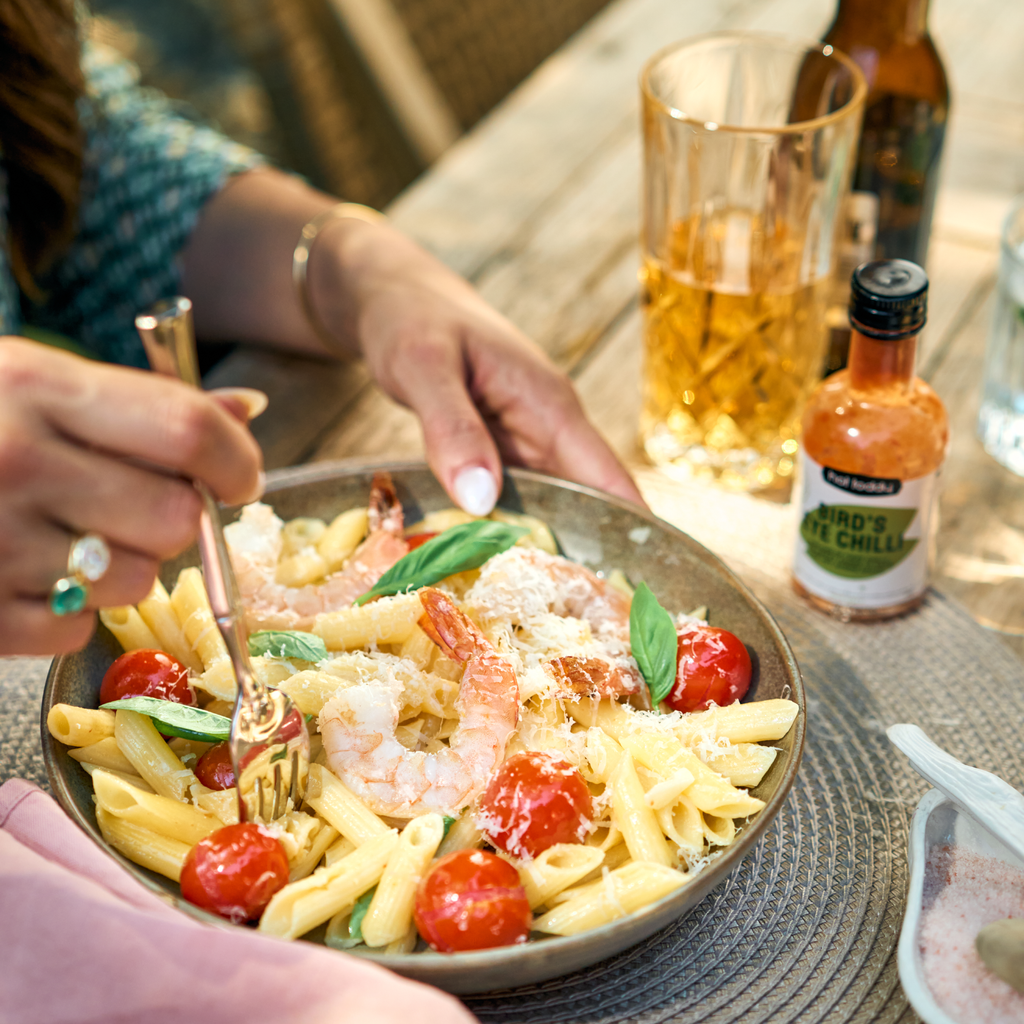 Gluten Free Chilli Prawn Pasta with Rocket Salad